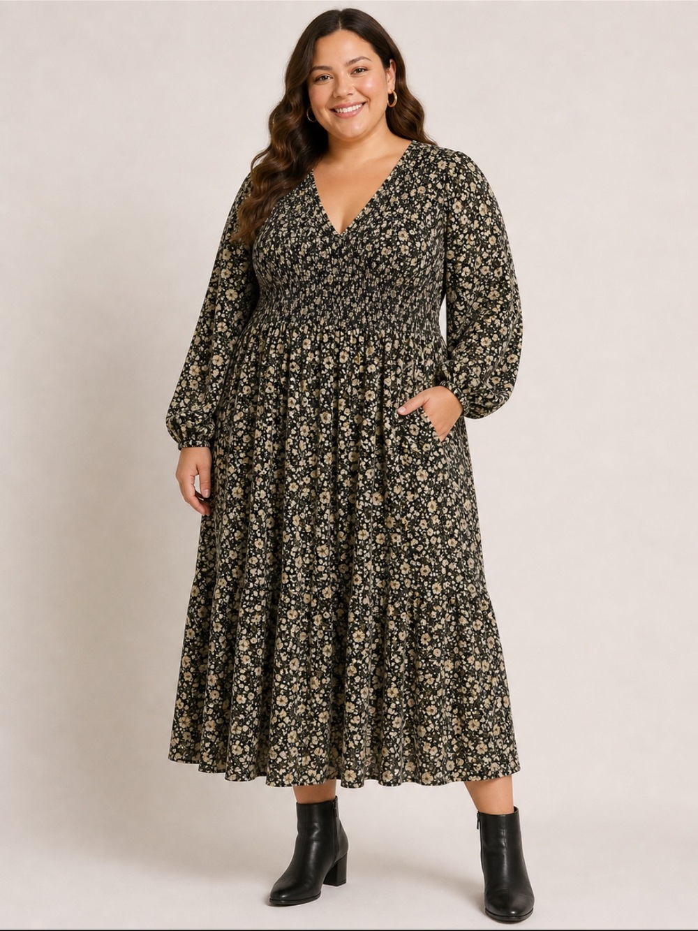 Old Navy Smocked Bodice Prairie Cottage Core Black Ditsy Floral Midi Dress - 2X